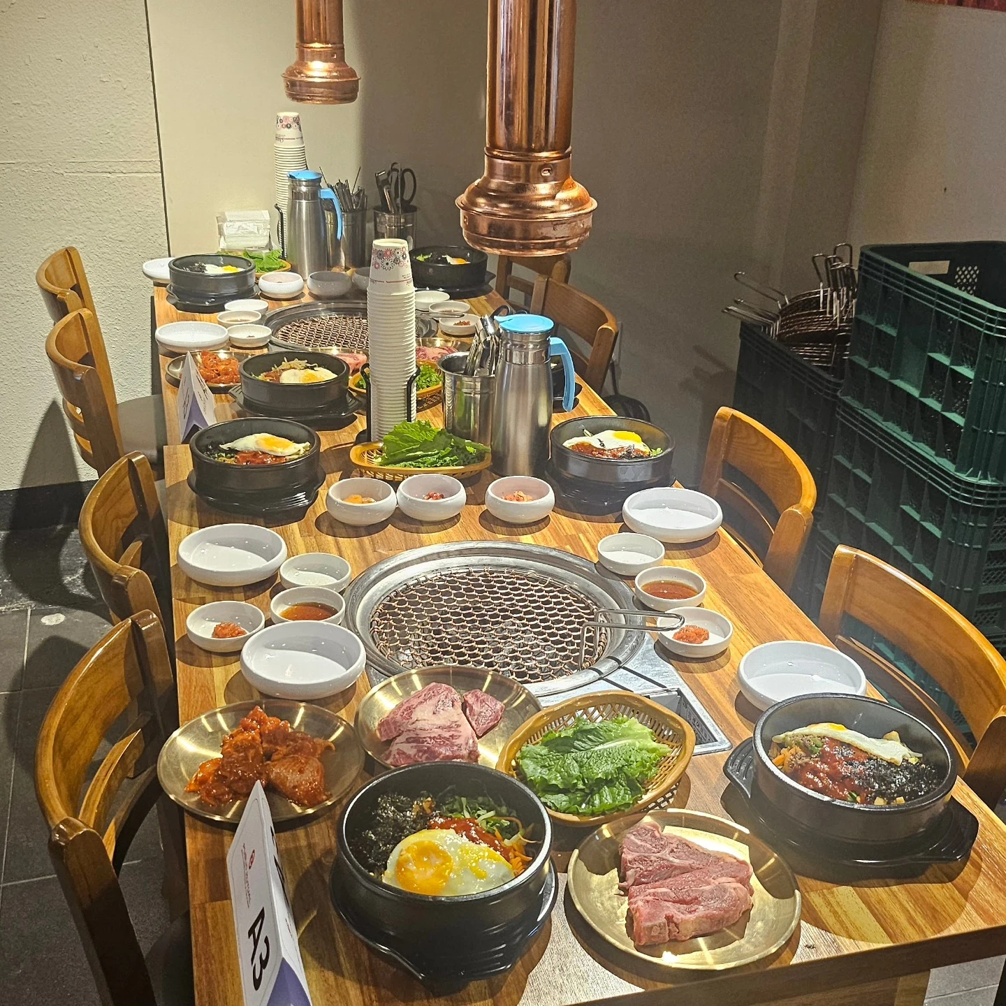 A Korean BBQ table at BUSANJIB in Myeongdong, Seoul